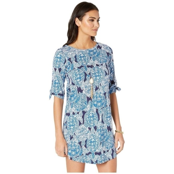 Lilly Pulitzer Preston Tie Sleeve Dress Deep Indigo Snap To It - Picture 1 of 14